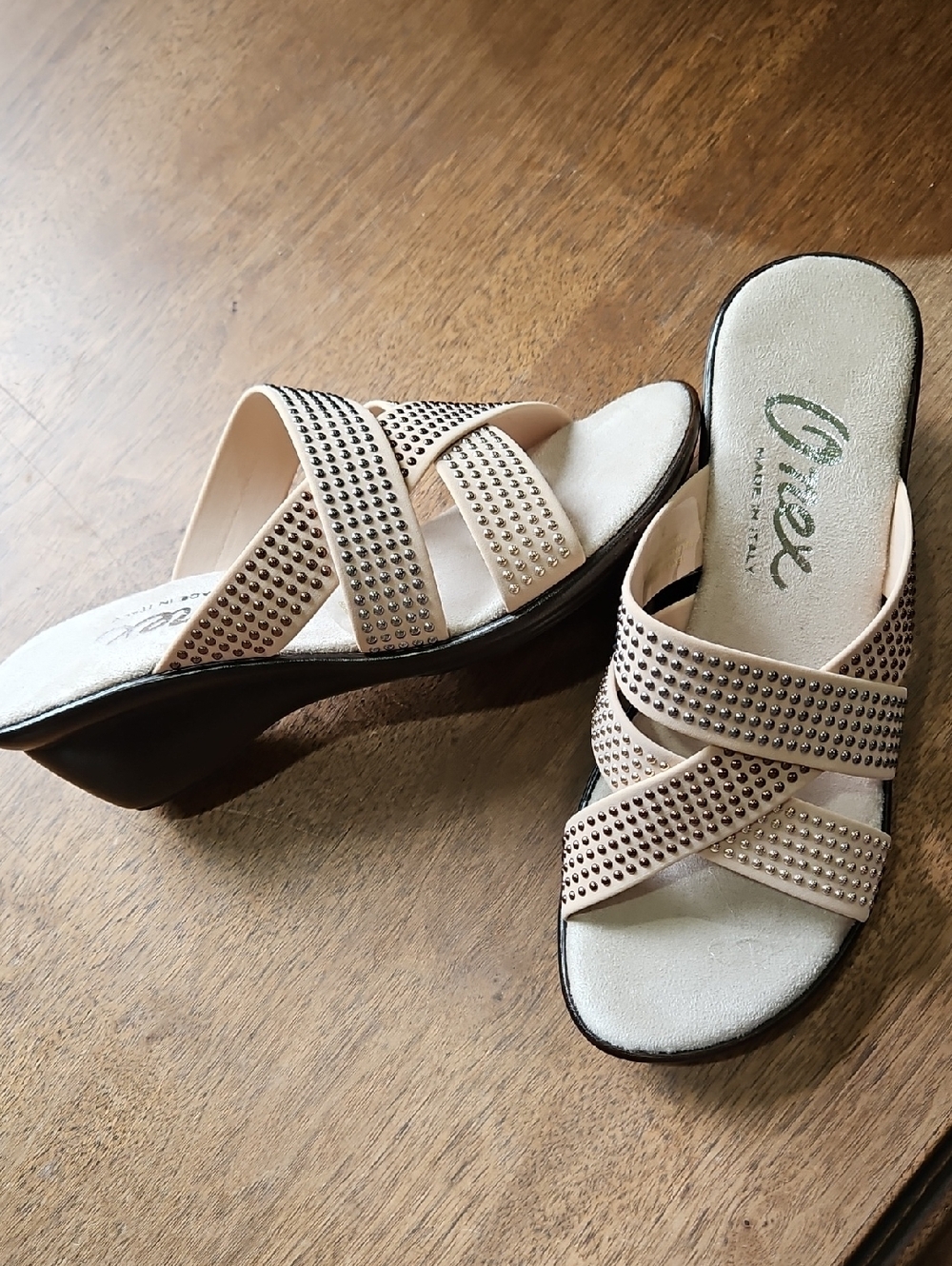 Onex Beige Crisscross Studded Wedge Mules